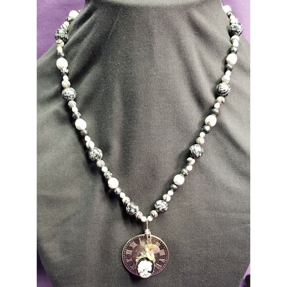 Steampunk Style Natural Stone, Skeleton Cameo, Roman Numeral Clock Disc Necklace - Picture 1 of 12